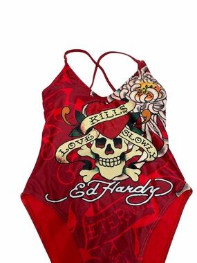 Ed Hardy Love Kills Slowly One Piece Swimsuit Red Skull Heart Tattoo Print M NWT